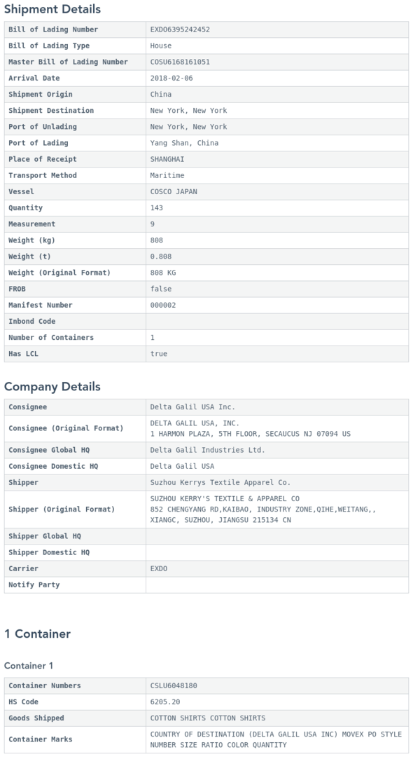 Bill of Lading Record